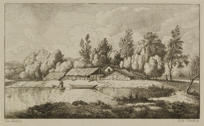 Krajina s rybníkem, loďkou a stavením [Ferdinand Kobell (1740-1799), Matthias Schmidt (1749-1823)]