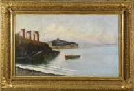 Pobřežní krajina s loďkou a ruinami [Enrico Reycend (1855-1928)]