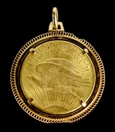 Zlatá mince 20 dolarů ve zlaté montáži