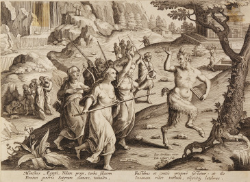 Jan Collaert (1566-1628): Egyptian Women expeling Satyr [Johannes Strada (1523-1605)]
