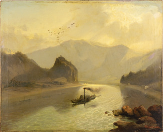 Steamer on Elbe River under Střekov Castle [Johann Wilhelm Jankowski (1825-1870)]