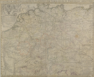 Mapa německých pošt "POSTARUM SEU VEREDARIORUM STATIONES PER GERMANIAM ET PROVINCIAS ADIACENTES" [Johann Baptist Homann (1664-1724)]