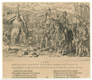 Císařský tábor v Ingolstadtu roku 1546, č. IX z cyklu Vítězství Karla V. [Dirk Volkertsz Coornhert (1522-1590), Maarten van Heemskerck (1498-1574)]