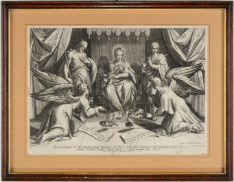 Trůnící Madona s dítětem, sv. Janem Křtitelem, sv. Janem Evangelistou a anděly [Jan I. Sadeler (1550-1600), Hans von Aachen (1552-1615)]