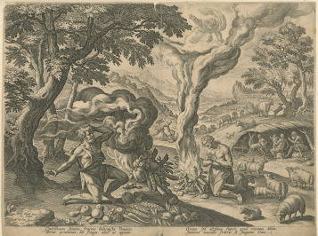 Oběti Kaina a Ábela, č. 6 ze série BONI ET MALI SCIENTIA.. [Jan Sadeler (1550-1600), Marten de Vos (1532-1603)]