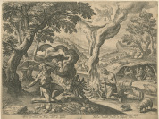 Opfer von Kain und Abel, Nr. 6 aus dem Zyklus BONI ET MALI SCIENTIA.. [Jan Sadeler (1550-1600) Marten de Vos (1532-1603)]