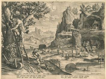 Seth und Enos, Nachkommen von Adam und Eva, Nr. III aus dem Zyklus BONORVM ET MALORVM CONSENSIO .. [Jan Sadeler (1550-1600), Marten de Vos (1532-1603)]