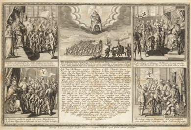 Frontispis (dvoustránkový) z knihy Discursus inauguralis Historico-Politico-Publico-Juridicus De Potissimis Personarum Tam Imperantium, Quam Parentium In Imperio Juribus [Johann Conrad Langen (1679-1744), Johann Salver (1670-1738)]