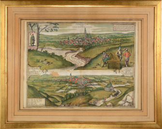 Doppelvedute von Tschaslau und Komotau mit Grabstein von Jan Žižka von Trocnov [Jacob Hoefnagel (1573-1630), Joris Hoefnagel (1542-1600)]