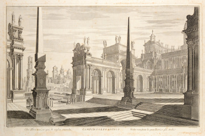 Čtyři římské veduty z díla Architetture e prospettive [Giuseppe Galli Bibiena (1698-1756), Johann Andreas Pfeffel (1674-1748)]