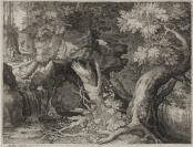 Pilgrims above a waterfall from a series of 6 landscapes by R. Savery [Aegidius Sadeler (1570-1629) Roelant Savery (1576-1639)]