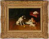 Kätzchen und Hund beim Essen [Alfred-Arthur Brunel de Neuville (1852-1941)]