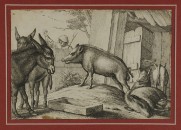 Hof mit Eseln und Schweinen [Wenceslaus Hollar (1607-1677), Francis Barlow (1626-1702)]